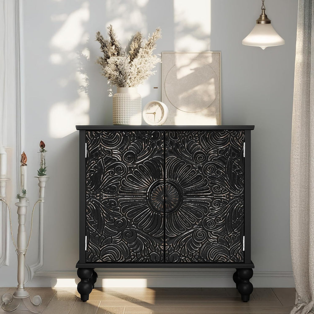 Buffet Cabinet with Storage, Accent Cabinet with 2 Carved Doors, Solid Wood Sideboard with Adjustable Shelf, Vintage Cabinets for Kitchen, Living Room, Entryway, Black