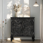 Buffet Cabinet with Storage, Accent Cabinet with 2 Carved Doors, Solid Wood Sideboard with Adjustable Shelf, Vintage Cabinets for Kitchen, Living Room, Entryway, Black