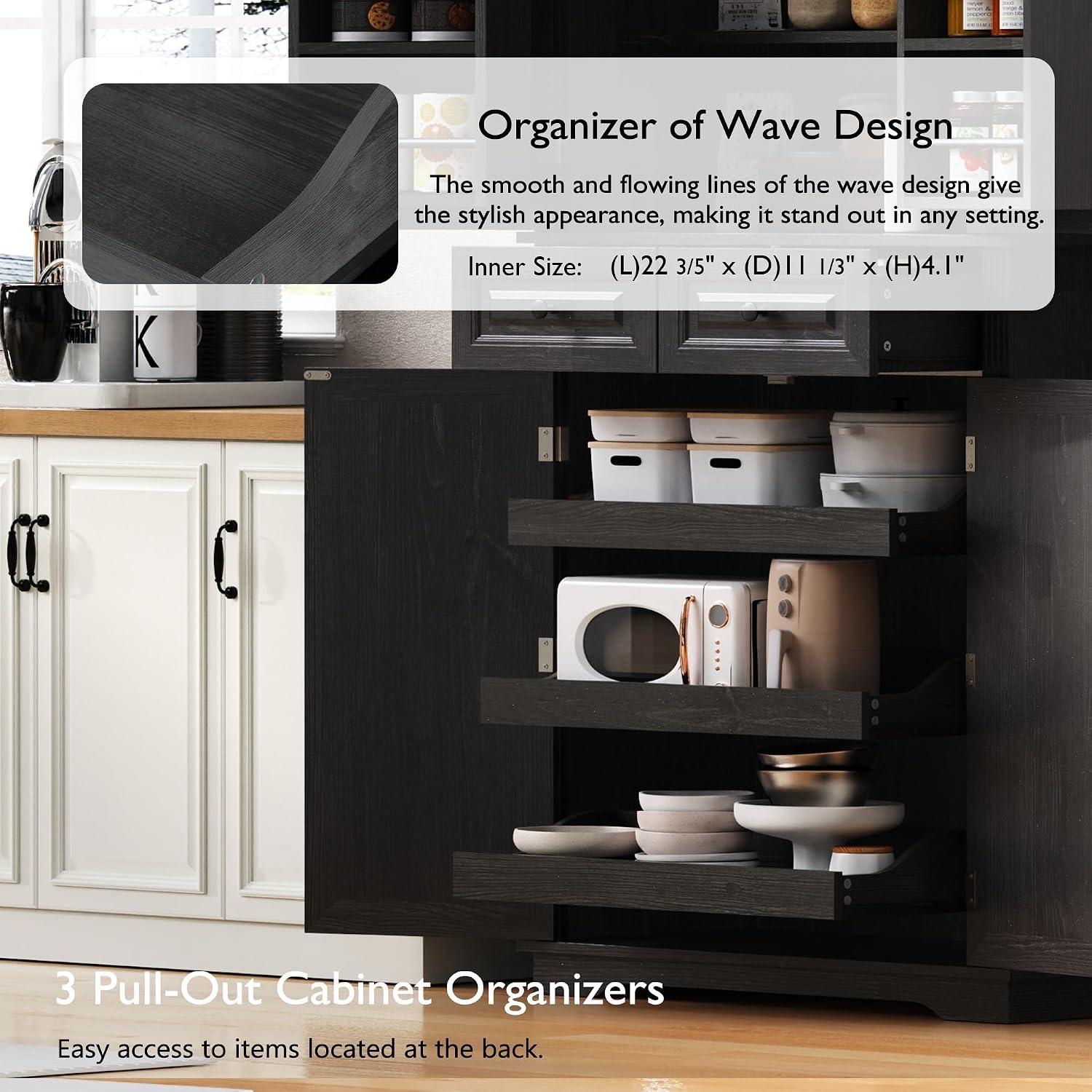 Tall Arched Pantry Cabinet with Pull-Out Cabinet Organizers, Brown | 71"H Farmhouse Storage Cabinet with 6 Door Shelves, 2 Drawers, Anti-Tipping, Embossed Texture for Dining Room