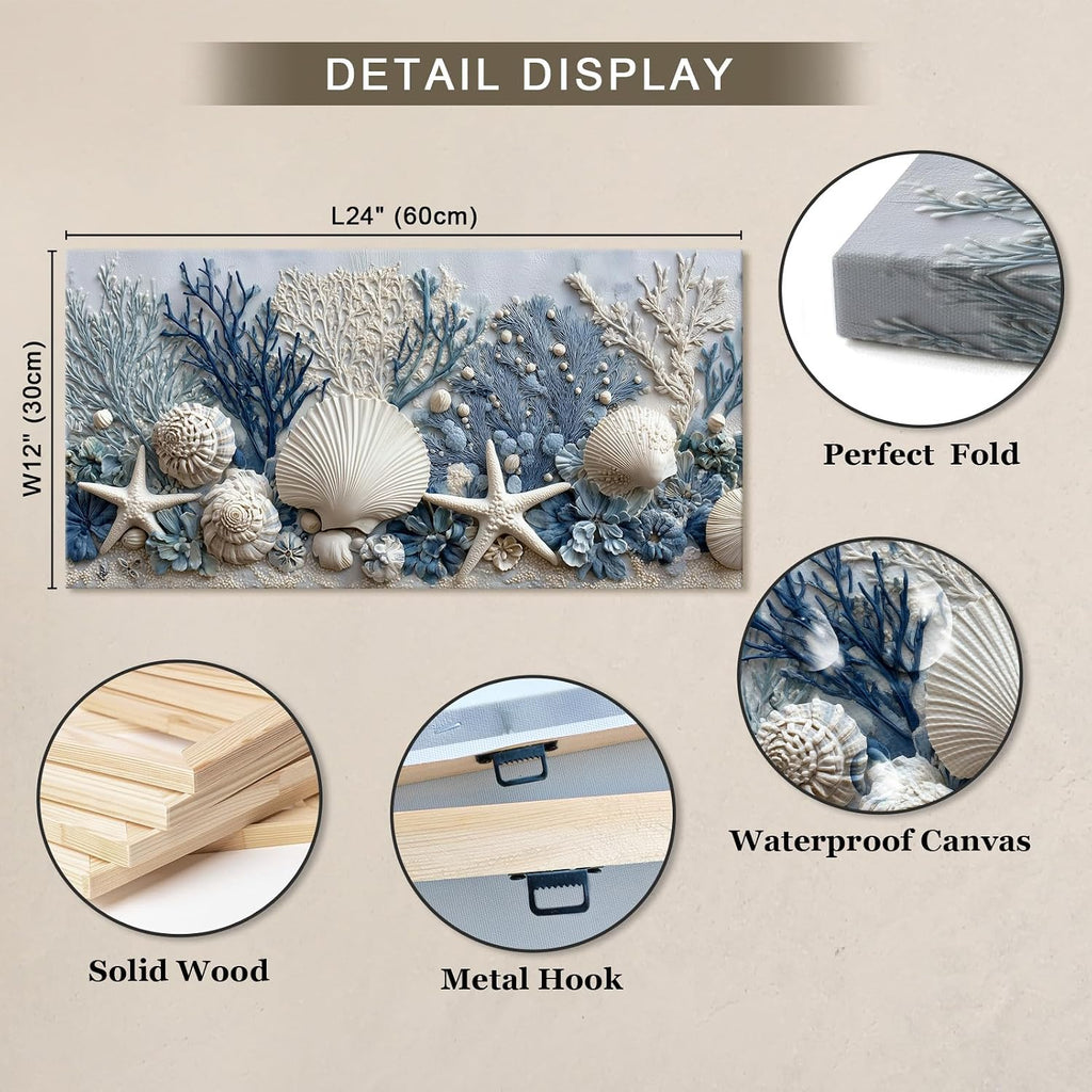 llribbons Coastal Seashell Canvas Wall Art Living Room Bathroom Decor Starfish Coral Seascape Painting Modern Ocean Artwork Prints for Bedroom Beach House Home Decoration Ready to Hang 12" x 24"