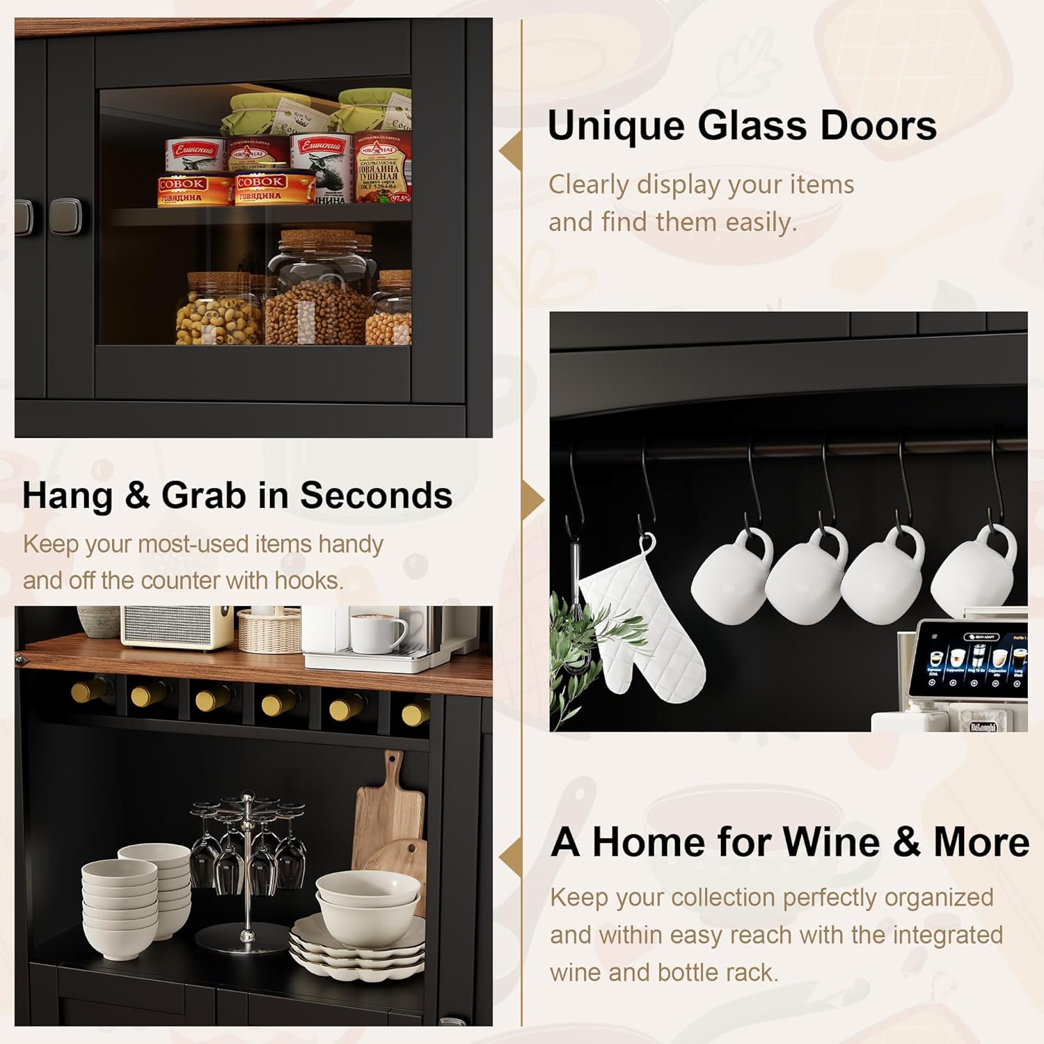 Einhomn 71" Tall Kitchen Pantry Cabinet with Charge Station, 3 Adjustable Shelves, Wine Rack and Glass Door, Kitchen Hutch for Dining Room, Kitchen and Living Room, Black
