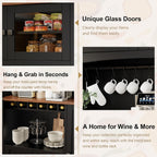 Einhomn 71" Tall Kitchen Pantry Cabinet with Charge Station, 3 Adjustable Shelves, Wine Rack and Glass Door, Kitchen Hutch for Dining Room, Kitchen and Living Room, Black