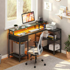 DUMOS 47" Gaming Desk with USB Charging Ports & LED Lights, Reversible L-Shaped Corner Computer Table for Small Spaces, Power Outlets, Monitor Stand & Storage Shelves Included, Black