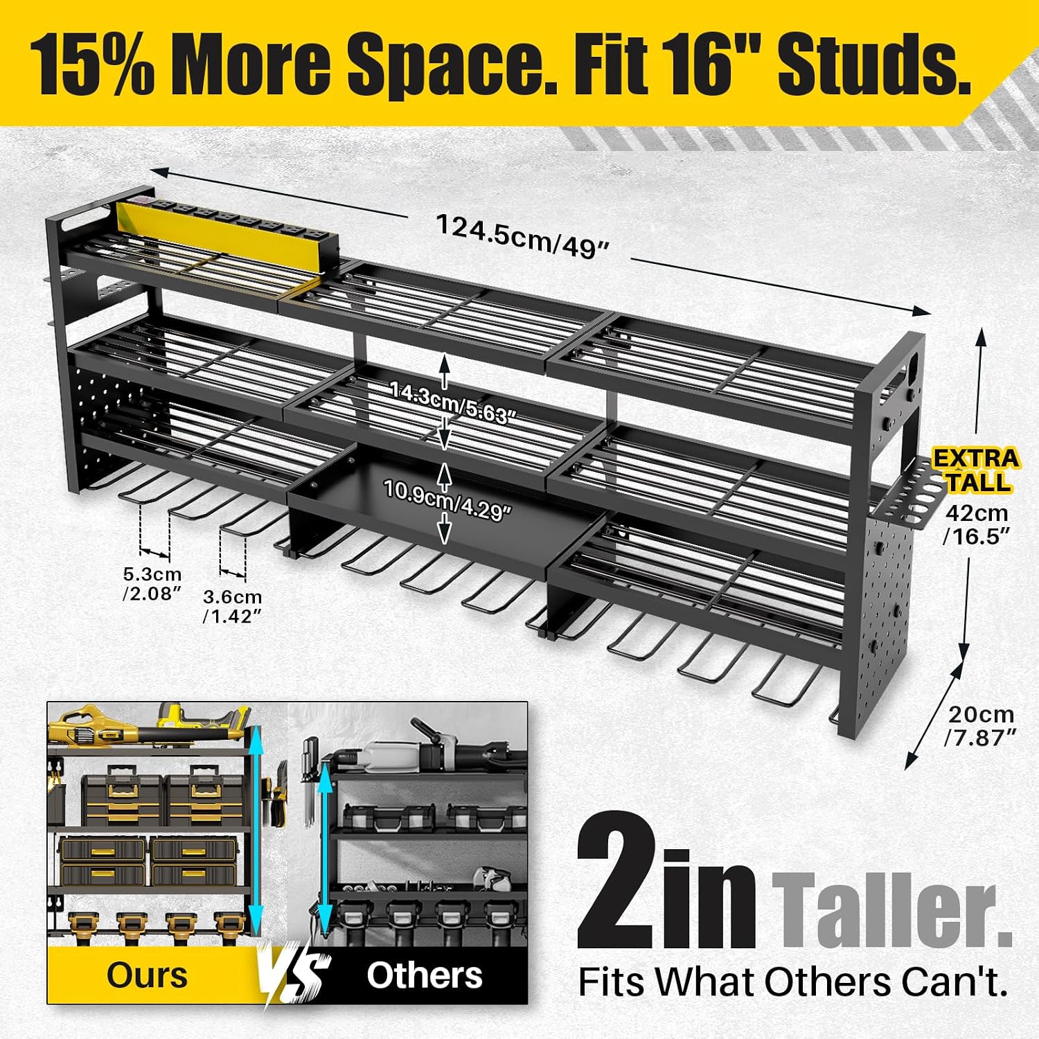 Power Tool Organizer Wall Mount | 8-Outlet TR Charging Station | Garage Storage Rack with Cordless Drill Holder | Heavy Duty Metal Shelf for Workshop Organization