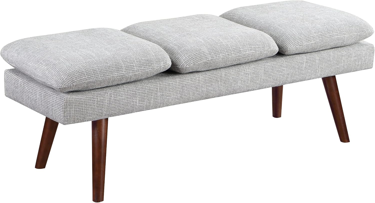 OSP Home Furnishings Amanda Mid-Century Modern Upholstered Bench with Solid Wood Tapered Legs, 54-inches, Grey Fabric