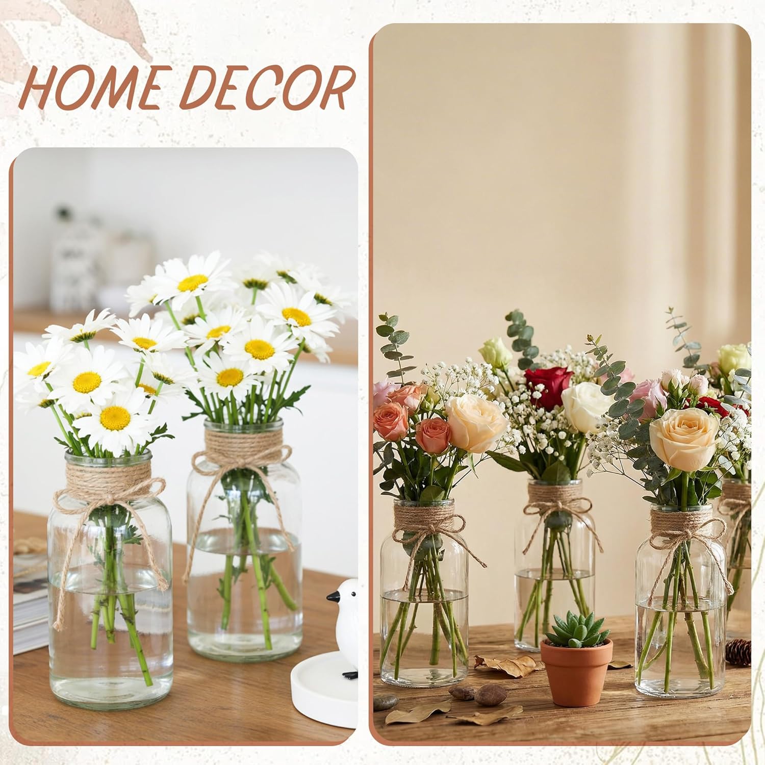 Vintage Glass Flower Vase, Farmhouse Glass Centerpiece Vases Mason Jars for Weddings, Parties & Home Decor Bulk (12, Transparent)