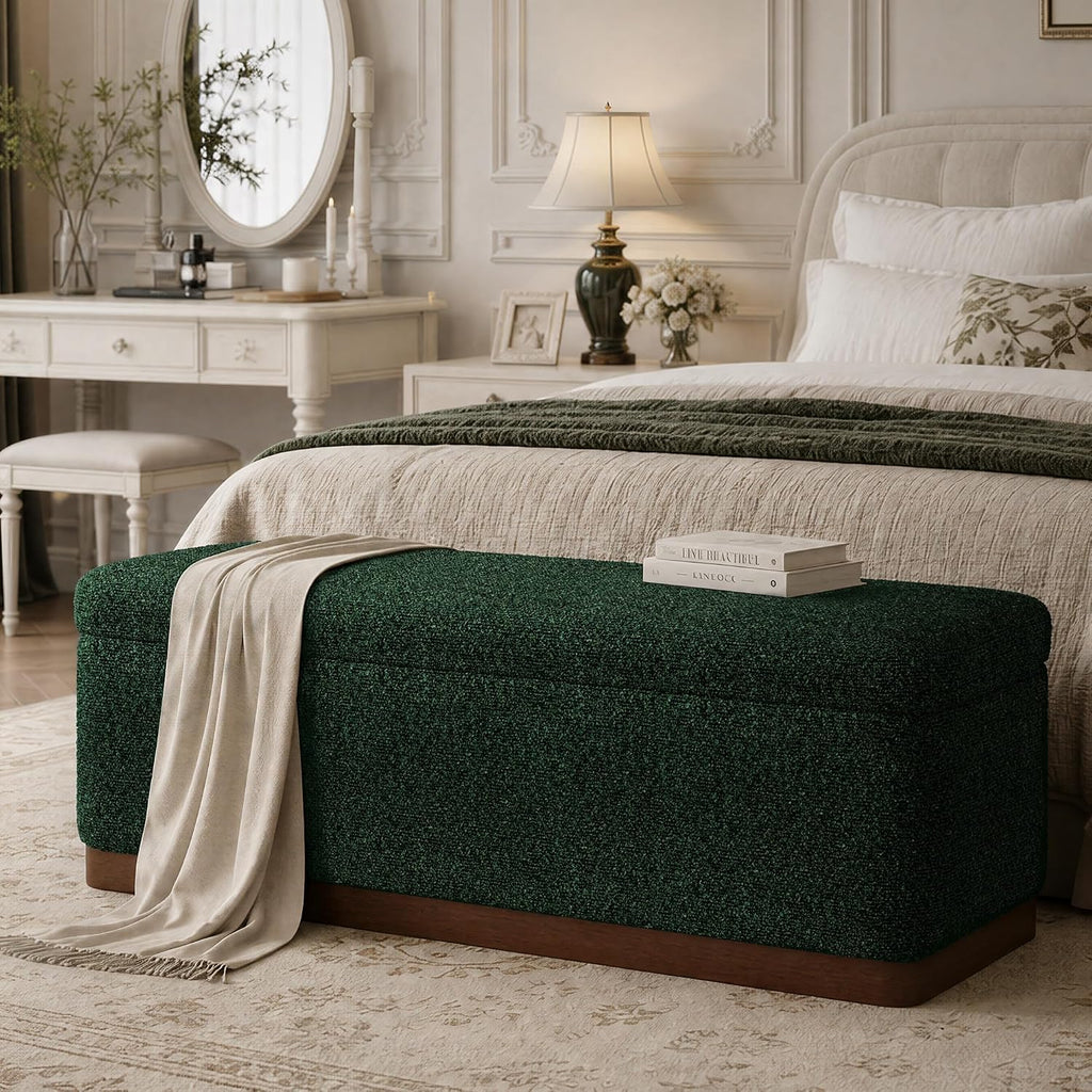 46'' Storage Bench for Bedroom, Modern Storage Ottoman Bench with Walnut Grain Base, Upholstered Bench with 27 Gallons Storage Space for Bedroom End of Bed, Entryway, Living Room, Green