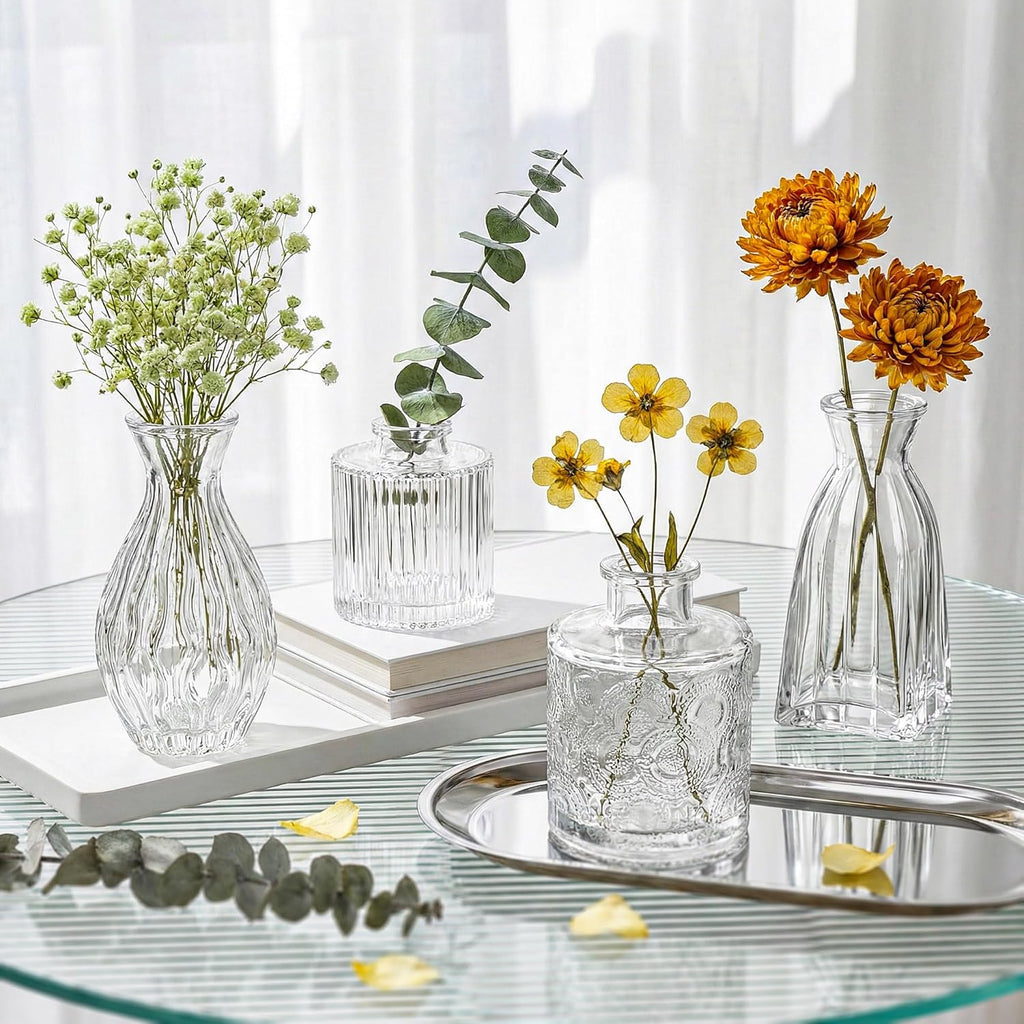 Glass Bud Vases Set of 4, 4 Sizes of Small Flower Vase for Party or Home Table Decorations