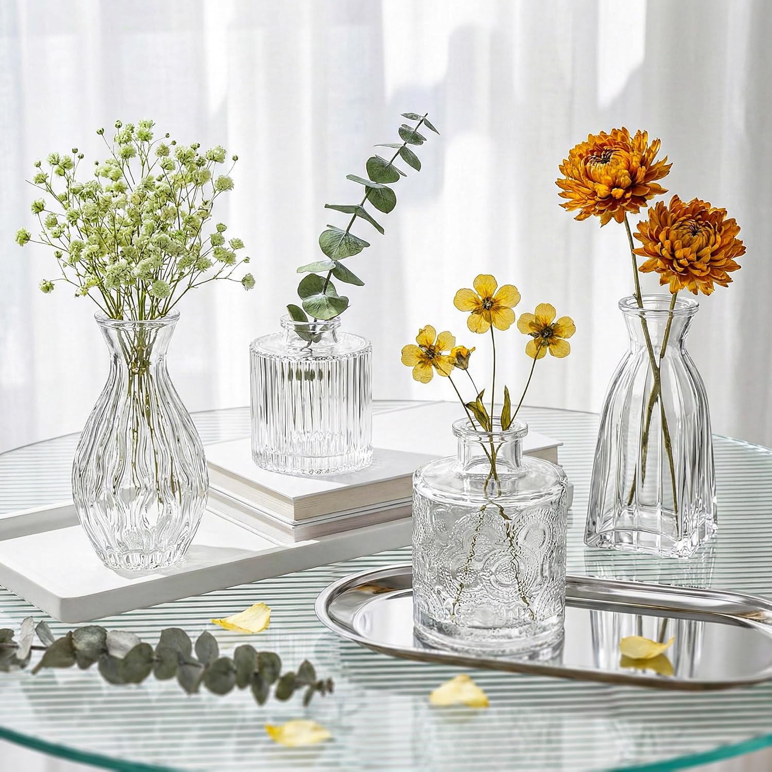 Glass Bud Vases Set of 4, 4 Sizes of Small Flower Vase for Party or Home Table Decorations