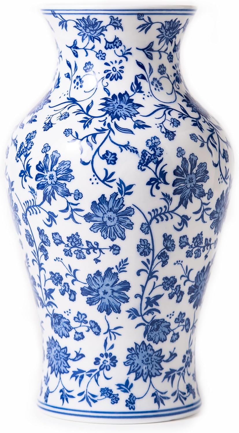 Blue and White Porcelain Décor, Blue and White Vase, Blue Vase, Chinoiserie Vase, Blue and White Ginger Jar Vase for Home Decor,Flower Vase,11" H