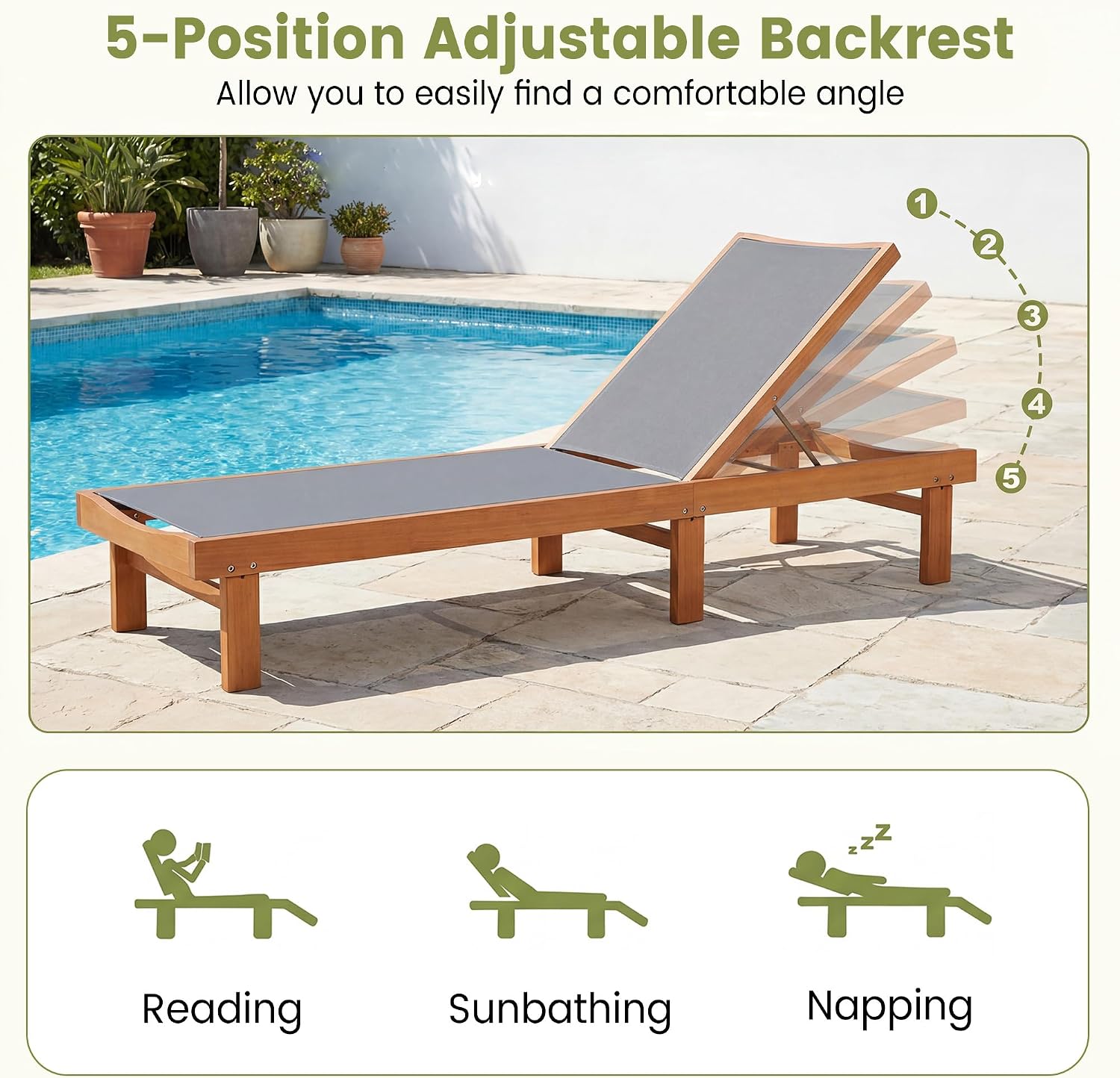 COSTWAY Set of 2 Patio Wood Chaise Lounge Chair, Strong Eucalyptus Wood Frame, 5-Position Adjustable Outdoor Recliner with White Mesh (Grey)