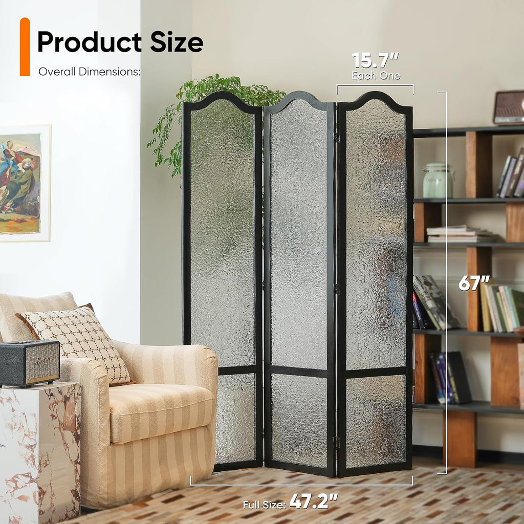 JOSTYLE Acrylic Room Divider, Black, 3-Panel, 67" H x 47.2" W | Folding Privacy Screen, Frosted Glass Like, Wood Frame, For Bedroom Office & Loft