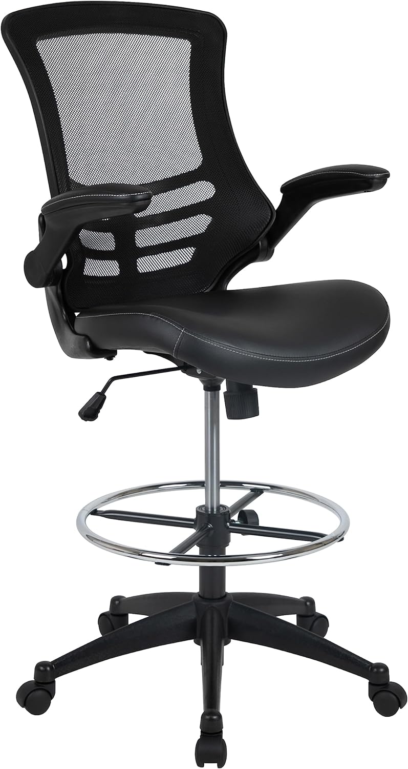 EMMA + OLIVER Mid-Back Black Mesh/LeatherSoft Ergonomic Drafting Chair with Flip-Up Arms