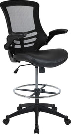 EMMA + OLIVER Mid-Back Black Mesh/LeatherSoft Ergonomic Drafting Chair with Flip-Up Arms