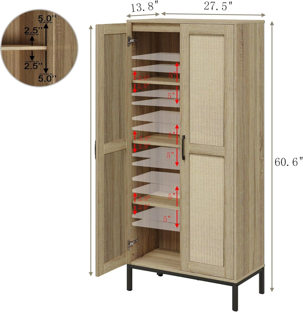 60" Tall Kitchen Pantry with 2 Rattan Doors and 3 Adjustable Shelves,Freestanding Cupboard Storage Cabinet for Kitchen, Laundry Room, Dinning Room and Living Room,Natural