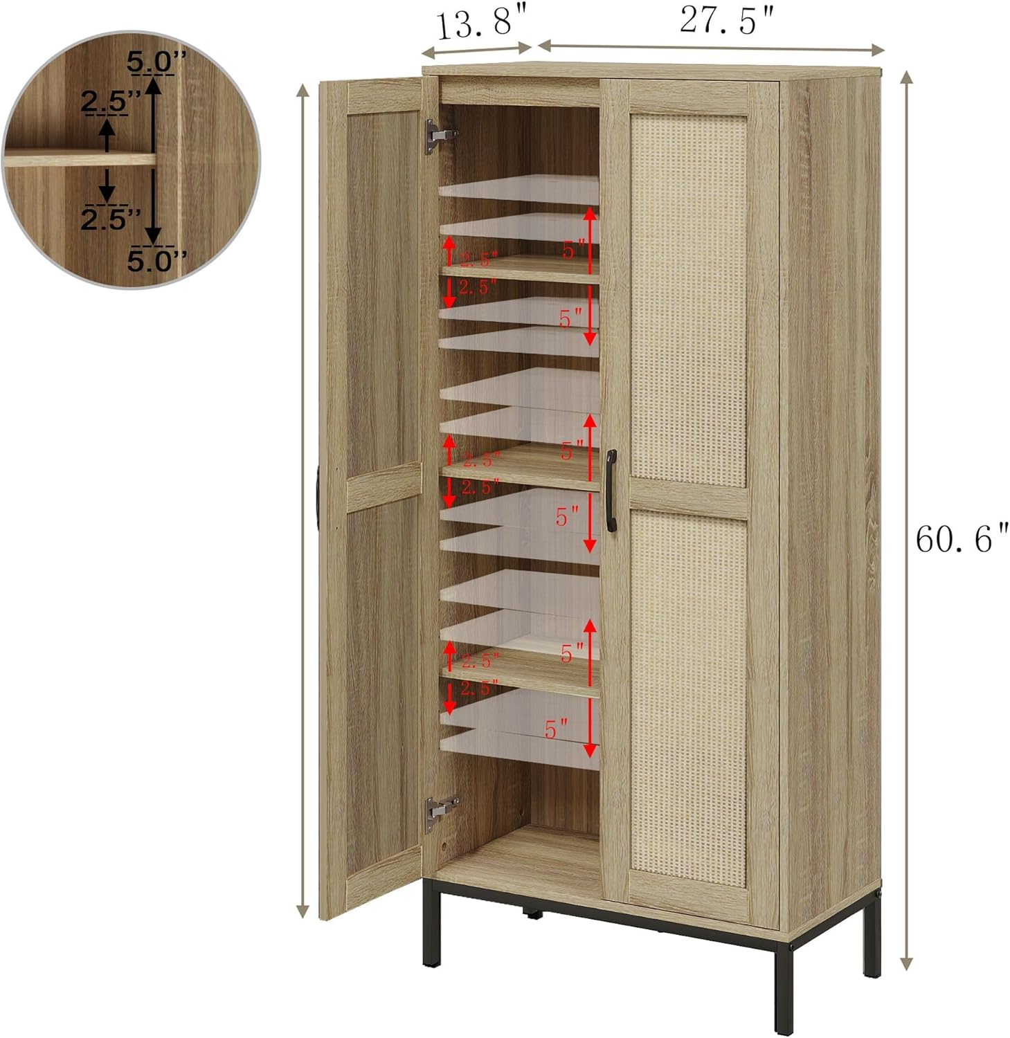 60" Tall Kitchen Pantry with 2 Rattan Doors and 3 Adjustable Shelves,Freestanding Cupboard Storage Cabinet for Kitchen, Laundry Room, Dinning Room and Living Room,Natural