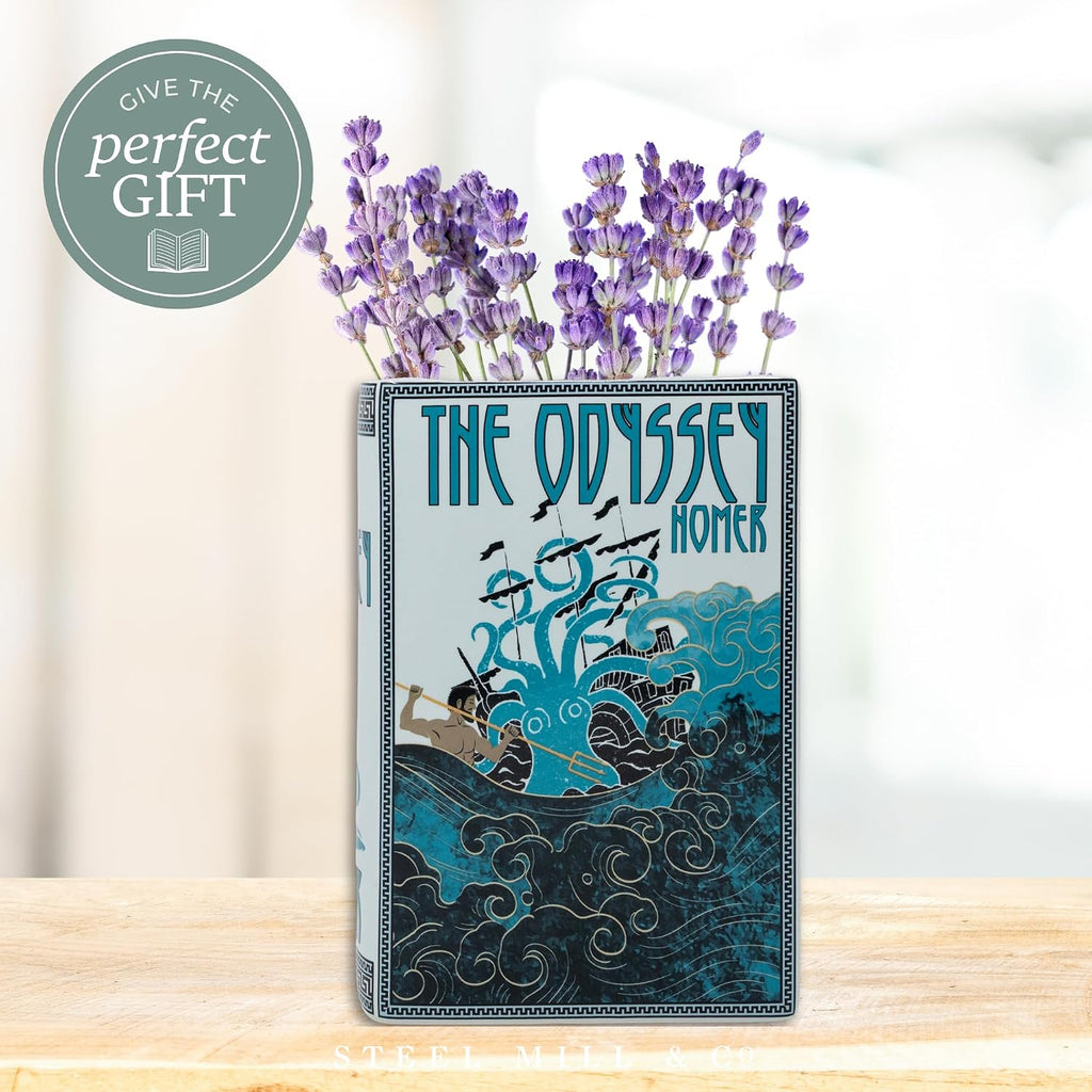 Steel Mill & Co. Ceramic Book-Shaped Vase, The Odyssey | Large Decorative Vase for Book Lovers, Vintage Inspired Bookshelf Decor, Unique, Novelty Ceramics