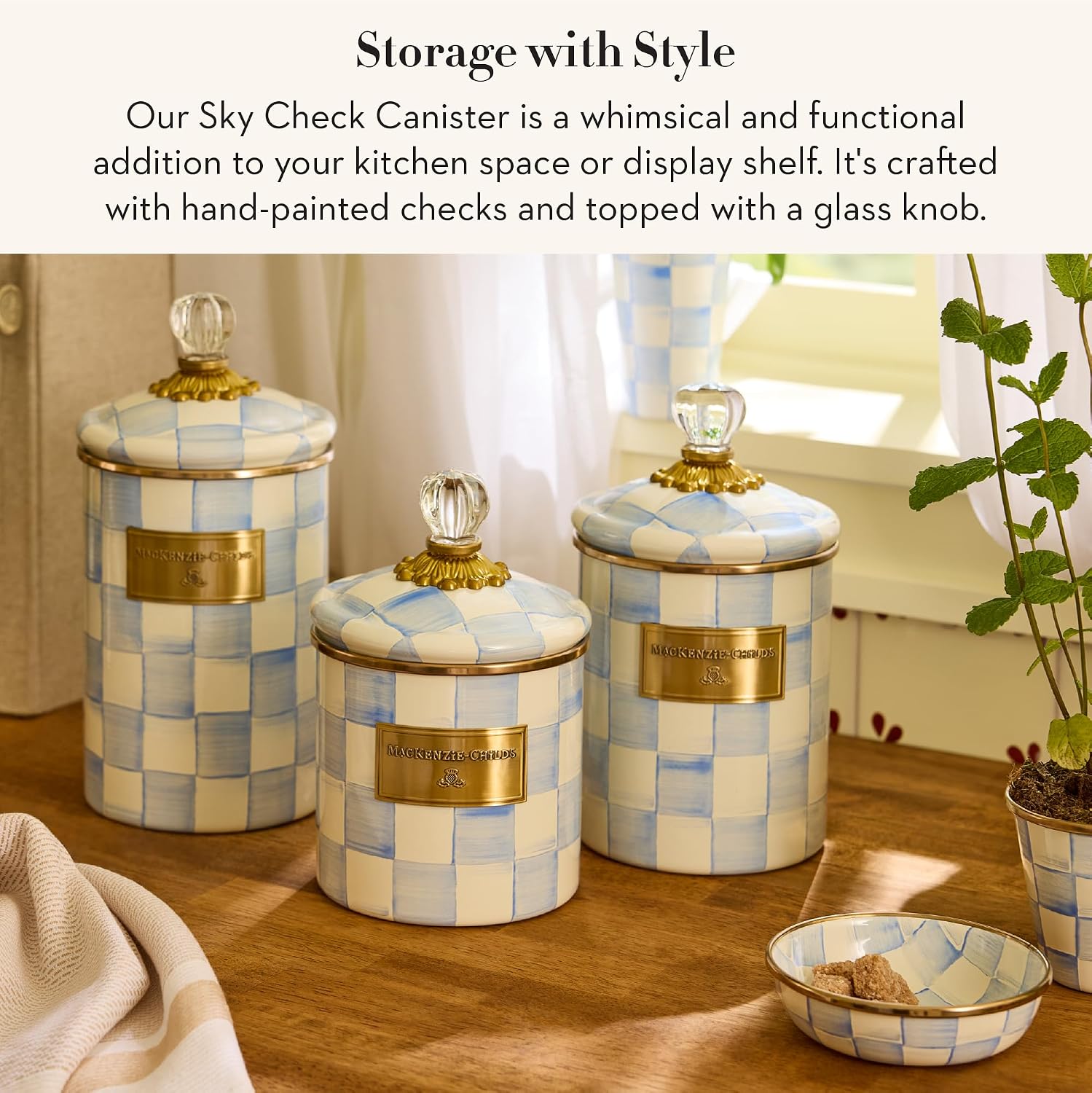 MACKENZIE-CHILDS Enamel Canister, Kitchen Storage Container with Lid, Medium, 48-Ounce Capacity, Light-Blue-and-White Sky Check
