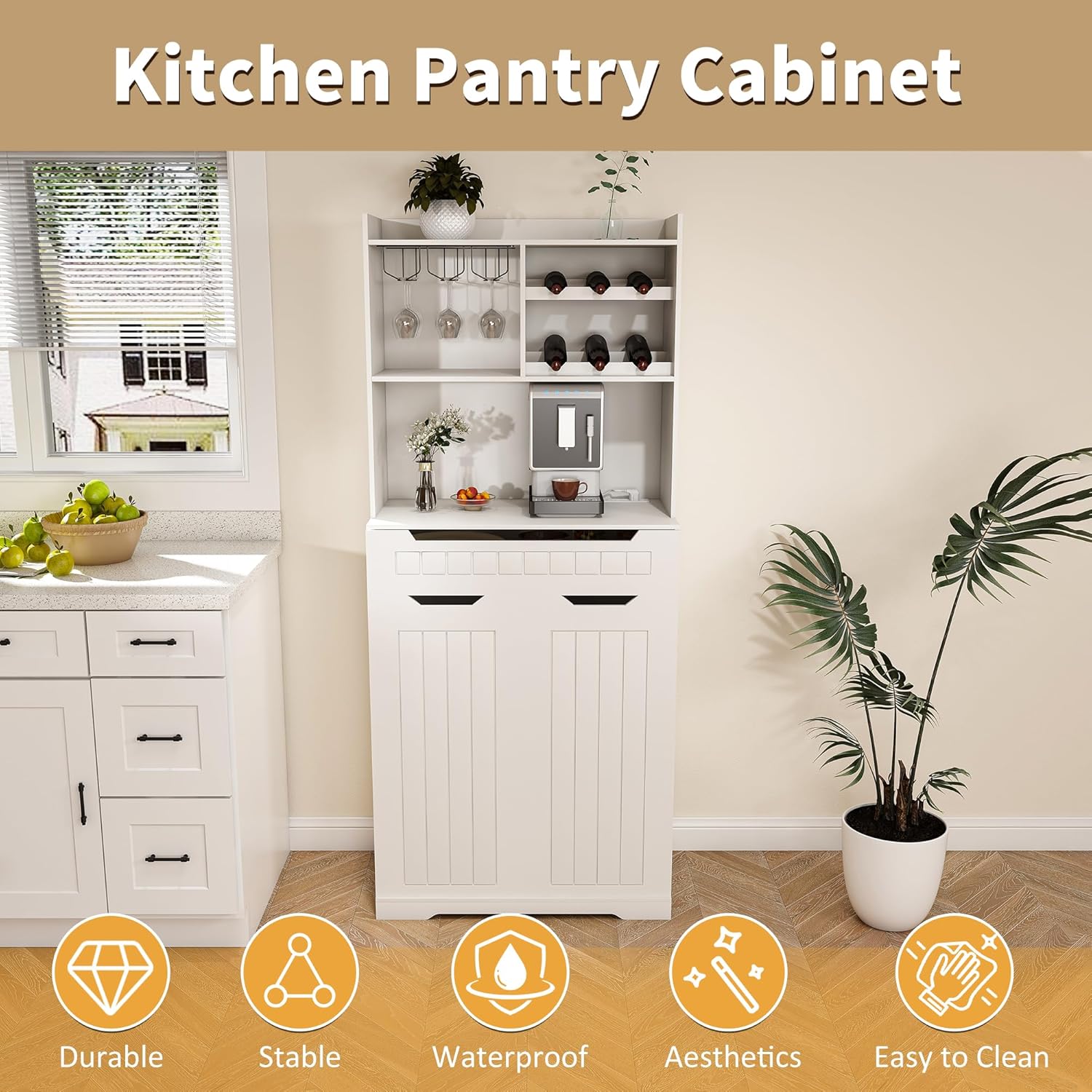 HRVEOCEI 71" Pantry Cabinets for Kitchen Storage, White Farmhouse Kitchen Hutch Cabinet with Open Shelving, Tall Freestanding Food Pantry & Pantries with Drawer for Dining Room (Cabinet)