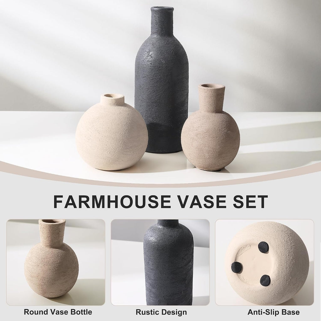 Ceramic Vase Set, Small Rustic Distressed Flower Vase in Pottery Decor, Modern Boho Farmhouse Decor for Pampa Grass, Dried & Fresh Flowers, Decorative Vase for Living Room, Kitchen, Entryway, Black