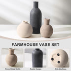 Ceramic Vase Set, Small Rustic Distressed Flower Vase in Pottery Decor, Modern Boho Farmhouse Decor for Pampa Grass, Dried & Fresh Flowers, Decorative Vase for Living Room, Kitchen, Entryway, Black