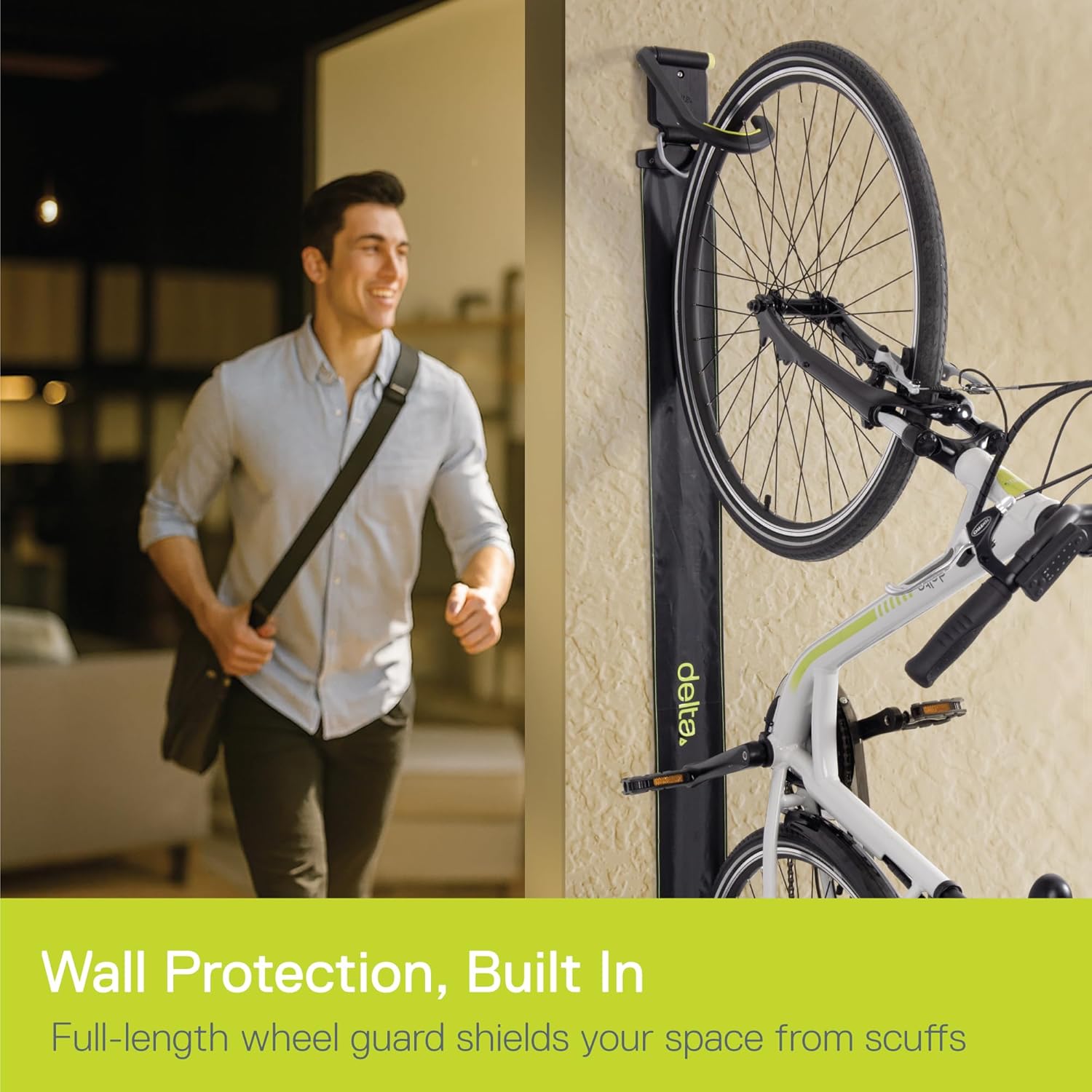 Delta Wall Ride Bike Rack Wall Mount with Tire Wall Guard Cycle – Vertical Bike Mount Holds Up to 100 lbs – Fully Adjustable Vertical Hanger Hook Design Provides Easy Bicycle Storage Access