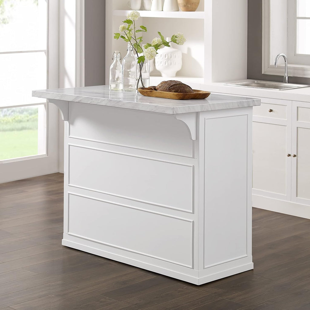 Crosley Furniture Cutler Faux Marble Top Kitchen Island with Storage, Breakfast Bar, Microwave Stand, White