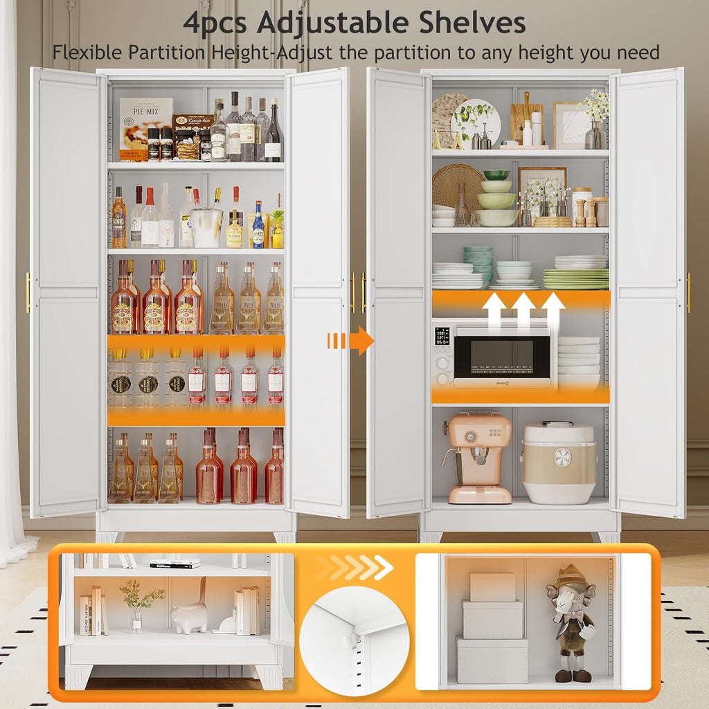 71" Tall Metal Pantry Storage Cabinet with Doors and 4 Adjustable Shelves, Freestanding White Cupboard for Kitchen, Dining Room or Living Room