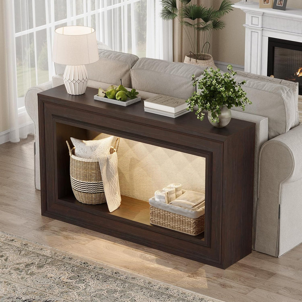 Rresyet Entryway Console Table 55" Long Narrow with LED Lights & Storage, 2-Tier Sofa Table, Farmhouse Cherry Accent for Hallway & Living Room, Space-Saving and Sturdy