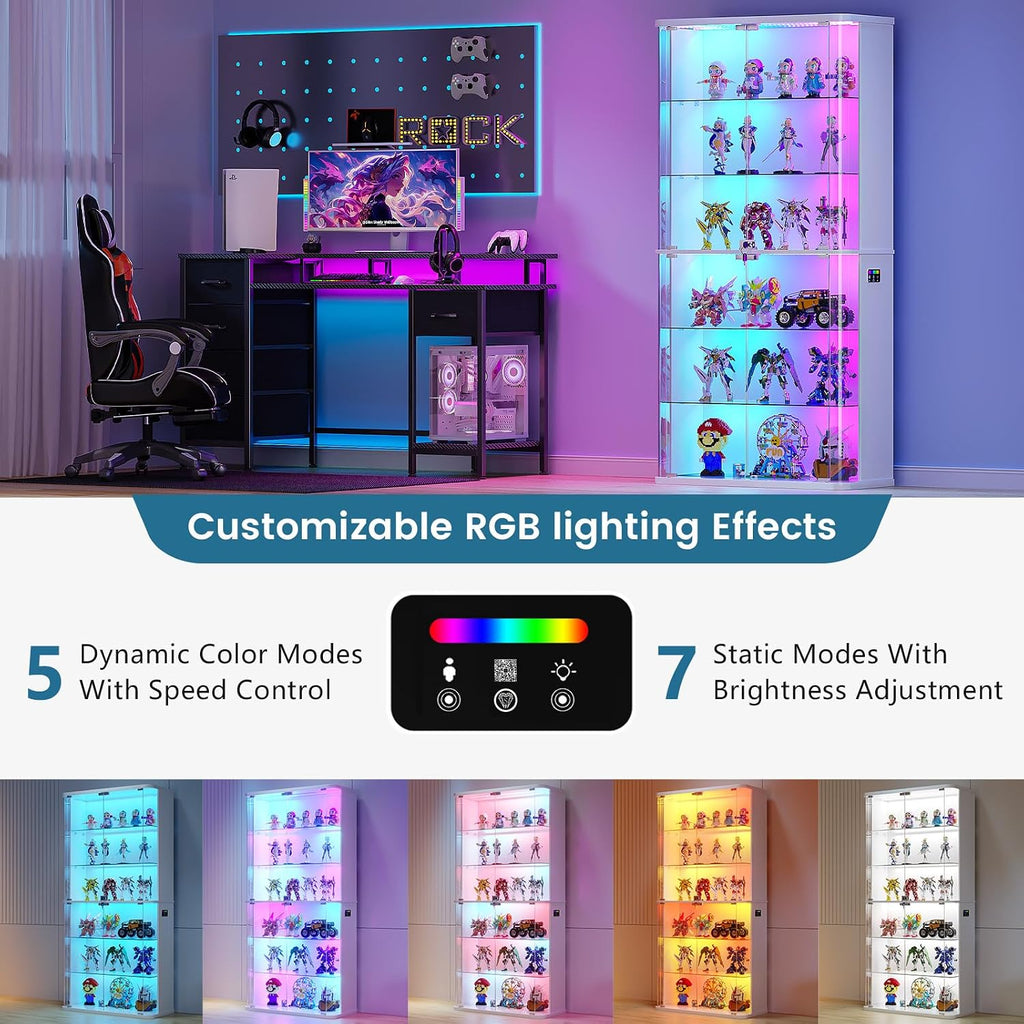 71" Tall Display Cabinet with Glass Doors, Rounded Curio Cabinet with Motion Sensor RGB Lights, 6-Tier Lockable Display Case for Collectibles & Action Figures, Trophy Case for Living Room, White
