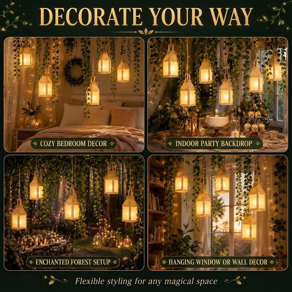Yinder 24 Pcs Enchanted Forest Theme Decoration Set 82.68 ft Artificial Begonia Leaf Vine Paper Candle Lanterns Decor with LED String Lights for Bedroom Aesthetic Jungle Fairy Wonderland Party Favor