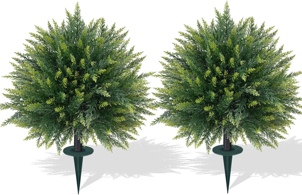 Artificial Cedar Topiary Trees with Ground Spike, 2 Pieces Fake Pine Shrubs Bushes, UV Resistant Faux Evergreen Cypress Tree Plants for Indoor Outdoor Planters Front Porch