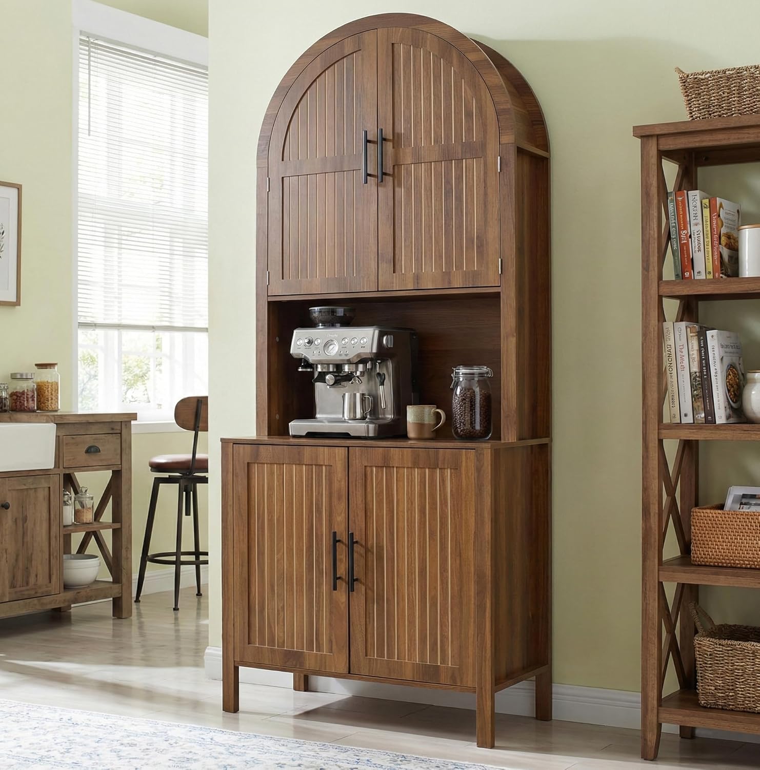 76" Tall Arched Kitchen Pantry, Large Kitchen Storage Cabinet with Fluted Doors and Microwave Stand, Modern Wood Buffet Sideboard, Adjustable Shelves, Cupboard for Dining Room, Living Room, Walnut