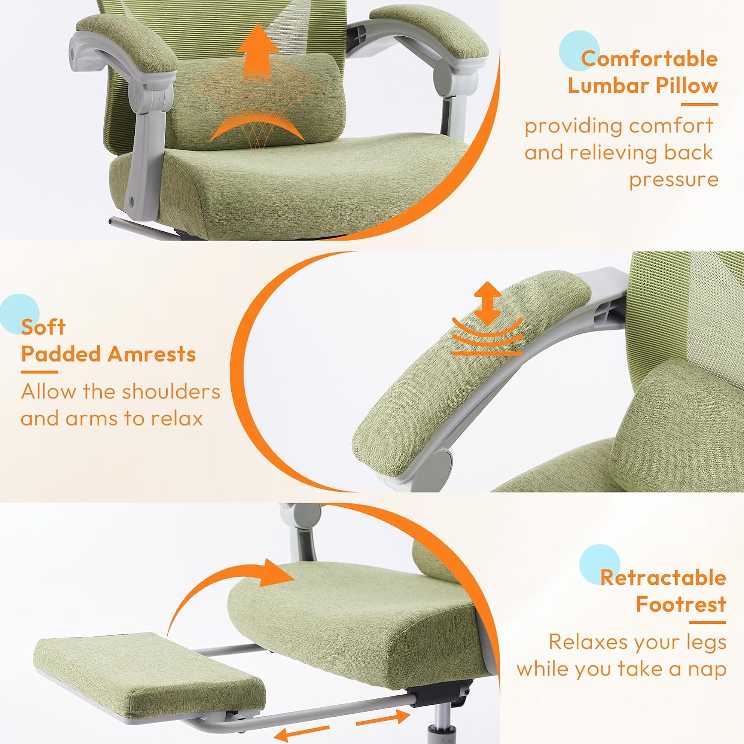 Home Office Desk Chair, Comfortable Mesh Computer Chair with Foot Rest, Reclining Gaming Chair with Headrest and Lumbar Support, 90°-130° Reclining, Light Green