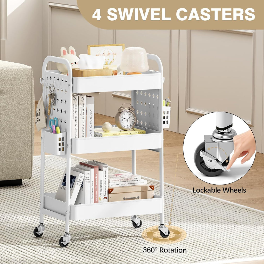 KINGRACK 3 Tier Rolling Cart with DIY Pegboard, Metal Utility Cart with Wheels, Hooks & Baskets, Sturdy Storage Organizer for Craft, Bathroom, Kitchen, Office, Nursery, Classroom (White)