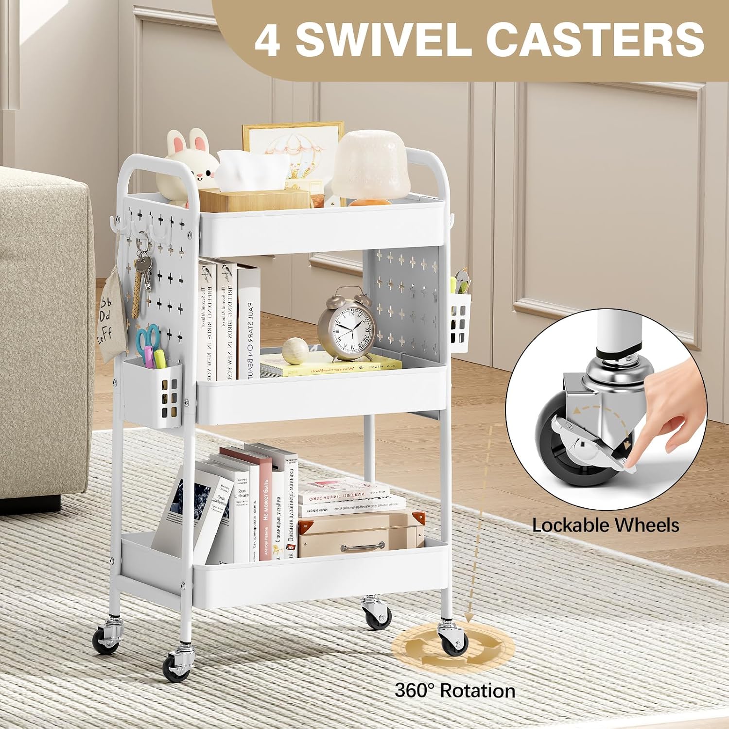 KINGRACK 3 Tier Rolling Cart with DIY Pegboard, Metal Utility Cart with Wheels, Hooks & Baskets, Sturdy Storage Organizer for Craft, Bathroom, Kitchen, Office, Nursery, Classroom (White)