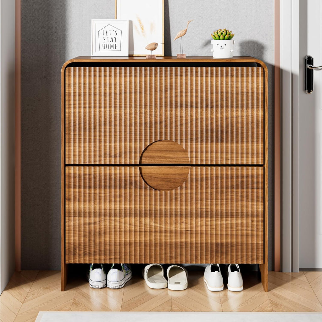 Slim Shoe Storage Cabinet for Entryway, Narrow Shoe Cabinet with 2 Tier Flip Drawers Doors, Fluted Hidden Shoe Rack Organizer for Entrance, Entry Way, Foyer, Hallway, Walnut