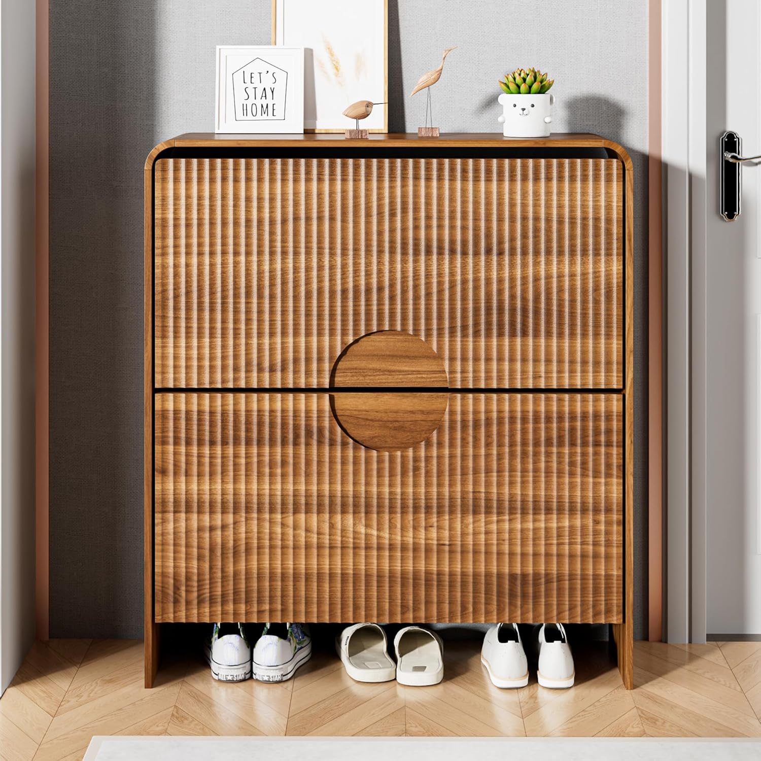 Slim Shoe Storage Cabinet for Entryway, Narrow Shoe Cabinet with 2 Tier Flip Drawers Doors, Fluted Hidden Shoe Rack Organizer for Entrance, Entry Way, Foyer, Hallway, Walnut