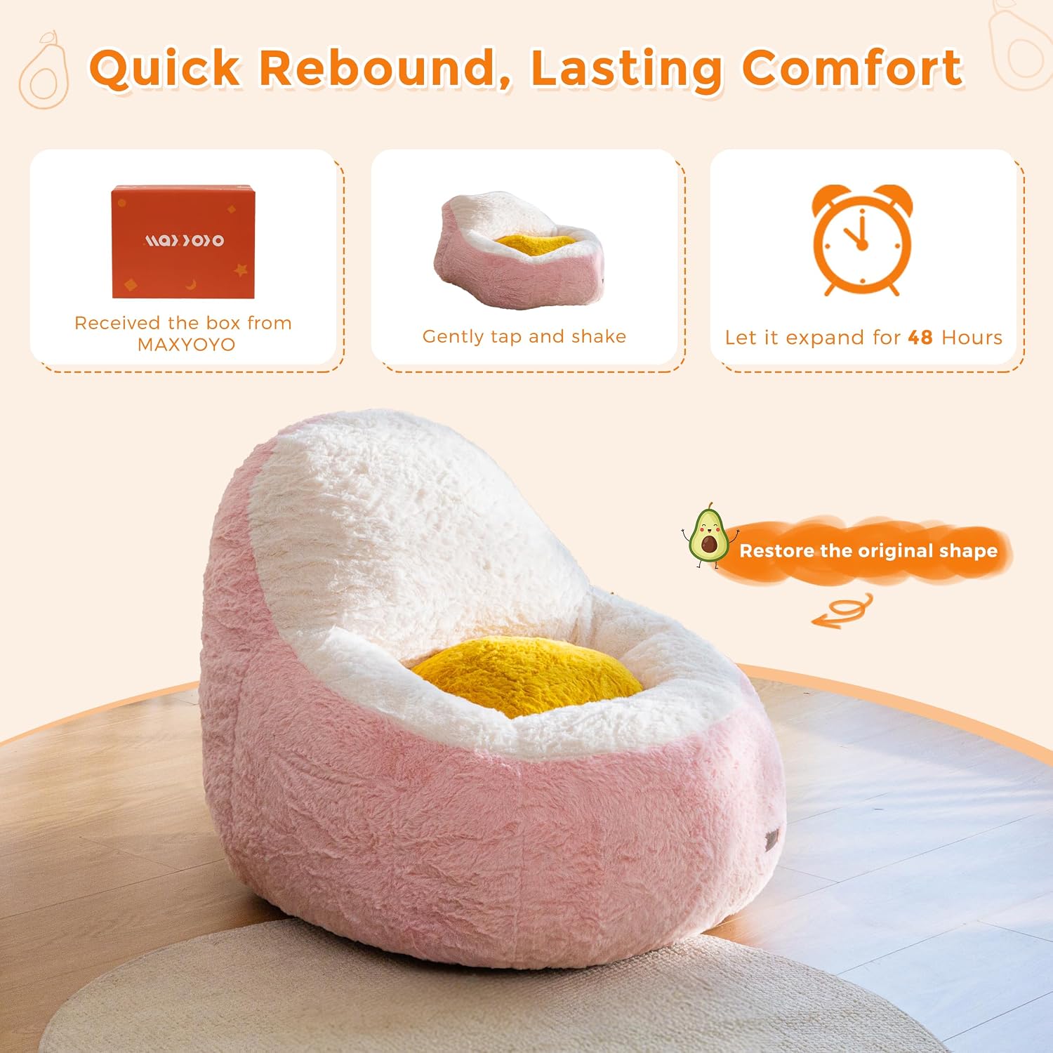 MAXYOYO Kids Bean Bag Chair, Cute Avocado-Shaped Toddler Sofa Chair, Pink | Soft Faux Fur Floor Chair with Backrest, Comfy Sofa for Boys and Girls , Floor Seat for Bedroom, Playroom, Nursery