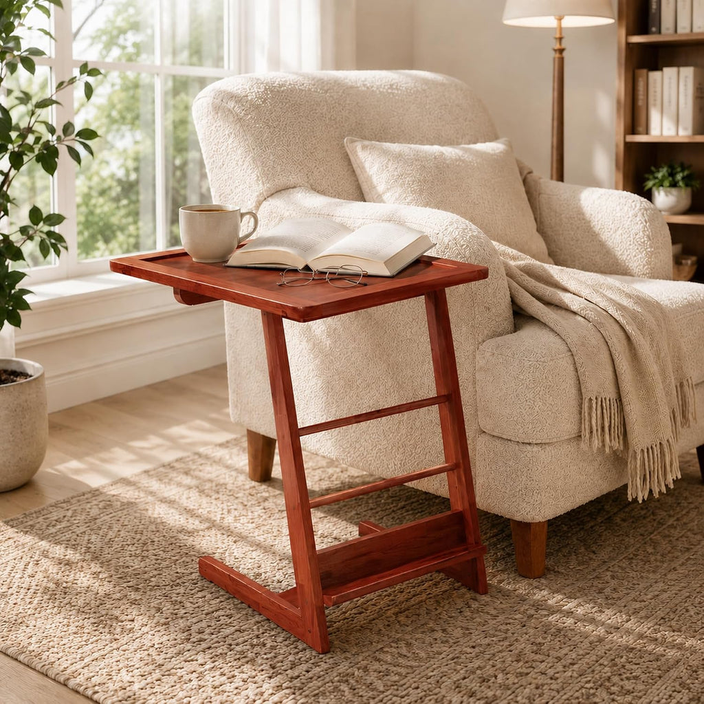 C-Shaped End Table for Couch, Acacia Wood Sofa Side Table & Nightstand with Mid-Century Modern Z Frame, L-Shaped Storage Shelf, Tool-Free Assembly for Bedroom, Living Room or Office - Dark Chocolate