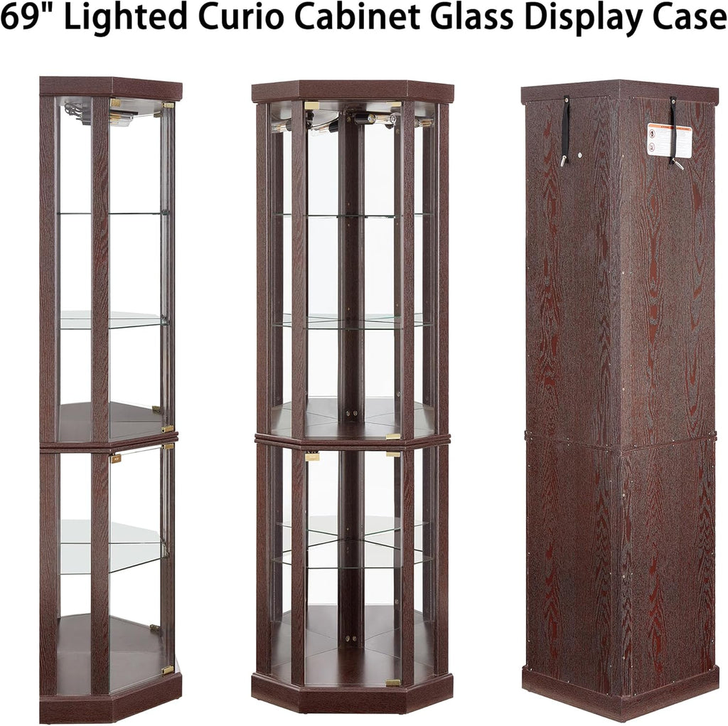 69" H Lighted Corner Display Cabinet, Curio Corner Glass Cabinet w/Adjustable Shelves & Glass Door, 5-Tier Wooden Storage Display Case w/Mirrored Back Pane for Living Room