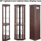 69" H Lighted Corner Display Cabinet, Curio Corner Glass Cabinet w/Adjustable Shelves & Glass Door, 5-Tier Wooden Storage Display Case w/Mirrored Back Pane for Living Room