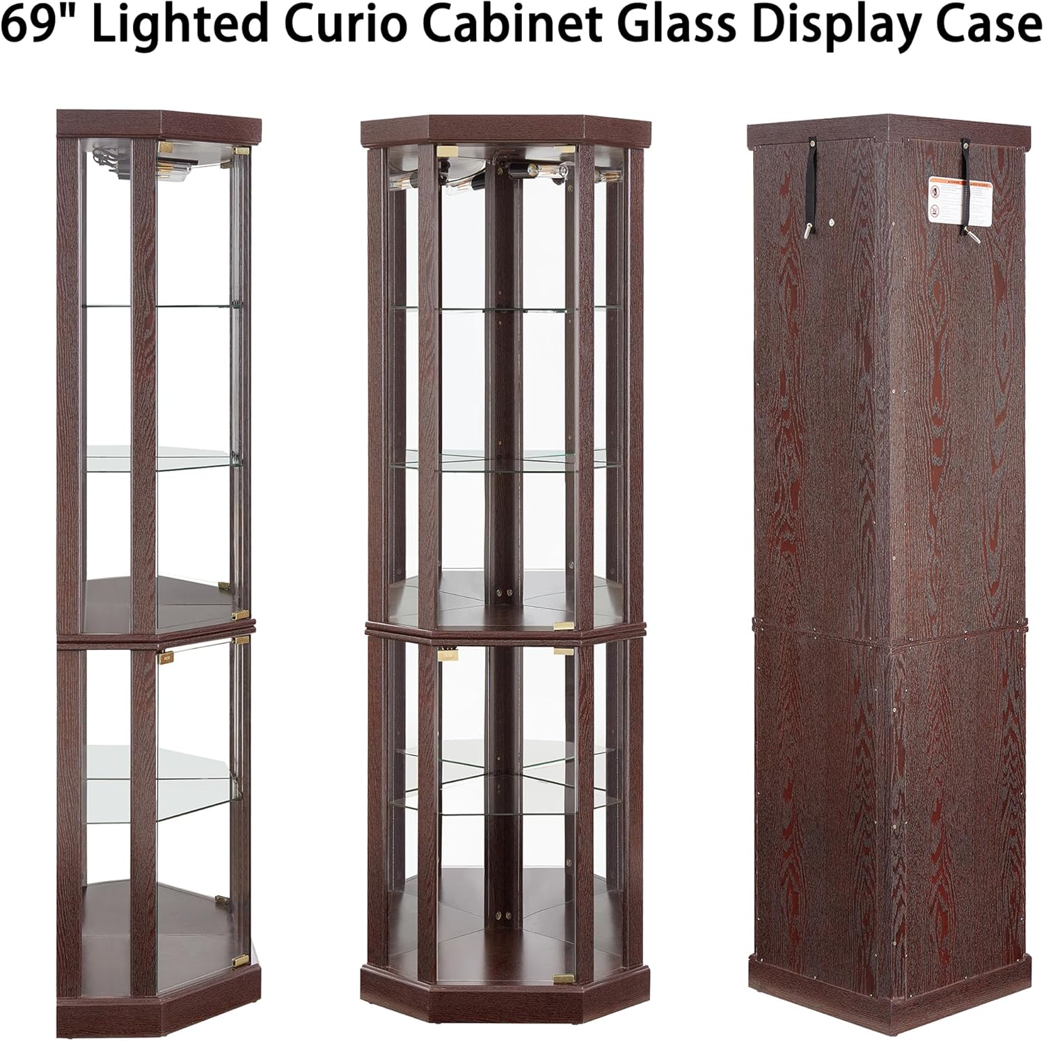 69" H Lighted Corner Display Cabinet, Curio Corner Glass Cabinet w/Adjustable Shelves & Glass Door, 5-Tier Wooden Storage Display Case w/Mirrored Back Pane for Living Room