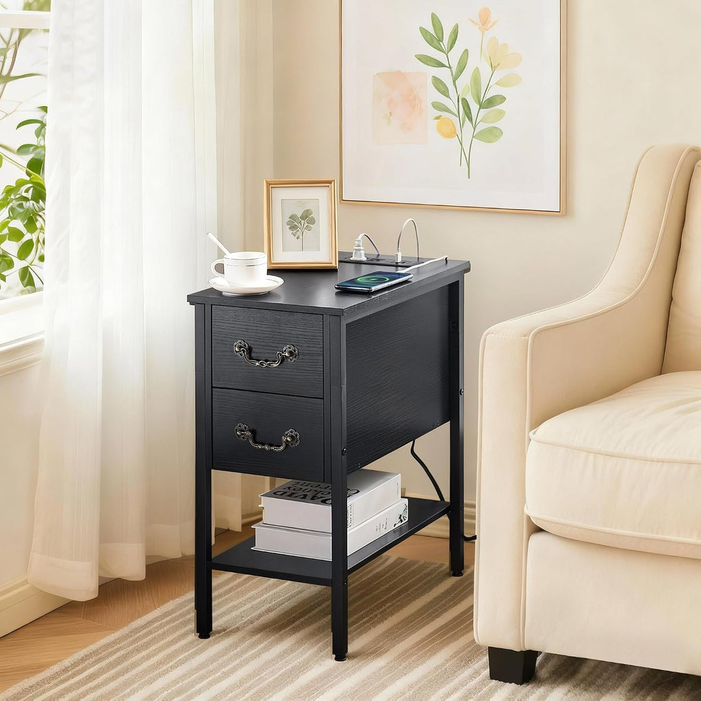 VECELO End Tables Set of 2,Narrow Nightstands with Charging Station & USB Ports & 2 Drawers,Skinny Side Table for Bedroom, Living Room,Black