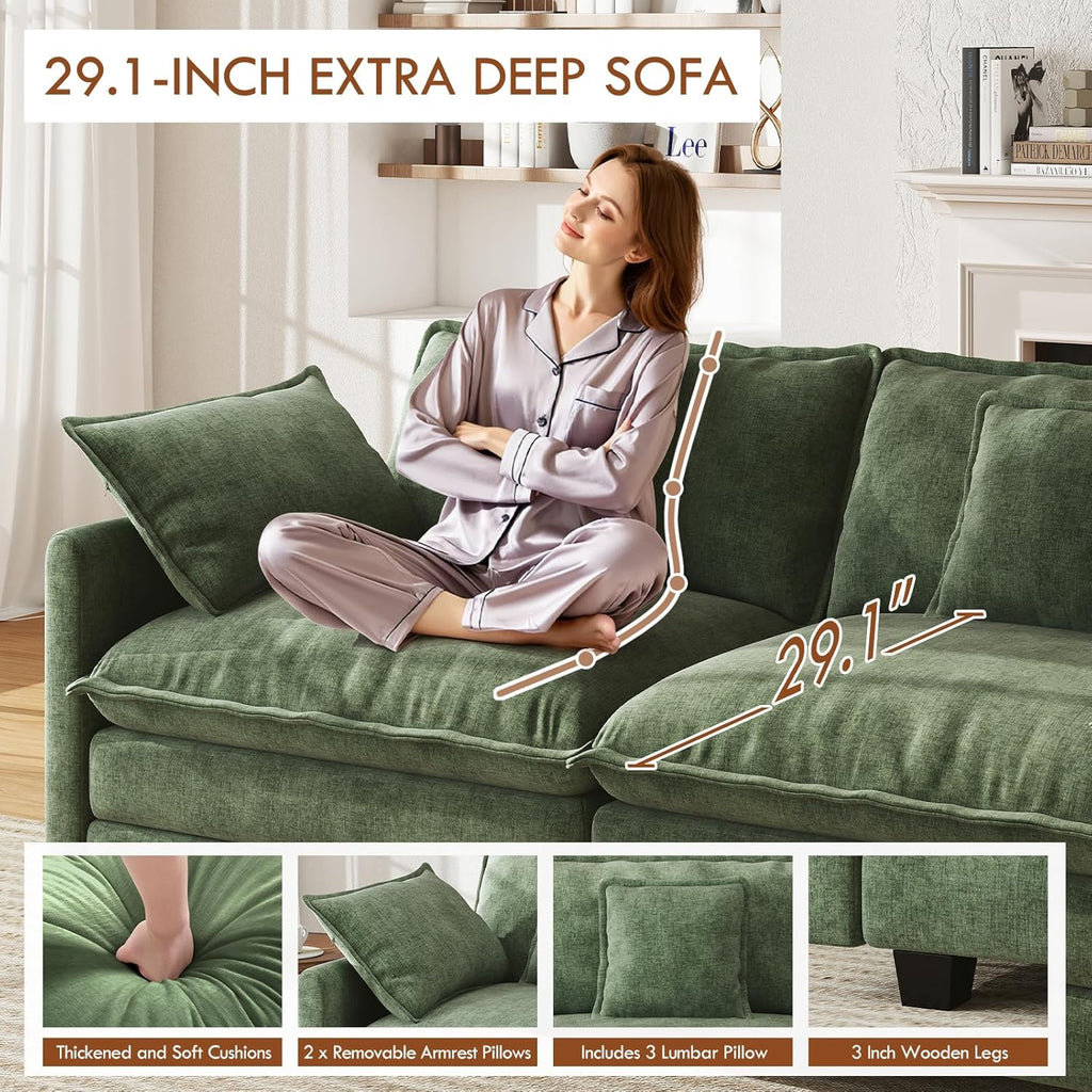 WorthFurni 111.4” Modular Sectional Sofa, U Shape Cloud Couch with 2 Movable Ottoman, Comfy Chenille Deep Seat Sofa with Soft Pillows for Living Room Apartment (Green)