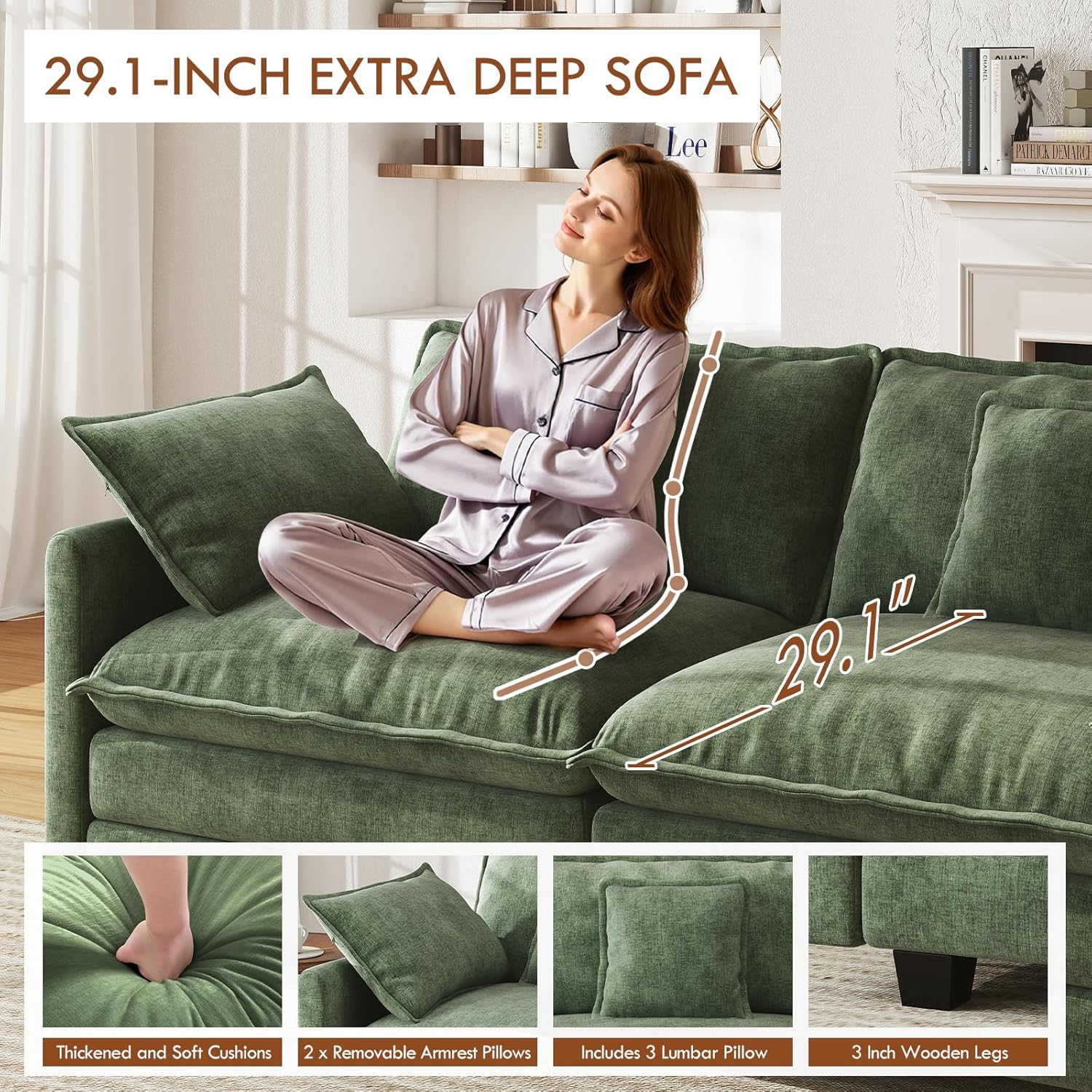 WorthFurni 111.4” Modular Sectional Sofa, U Shape Cloud Couch with 2 Movable Ottoman, Comfy Chenille Deep Seat Sofa with Soft Pillows for Living Room Apartment (Green)