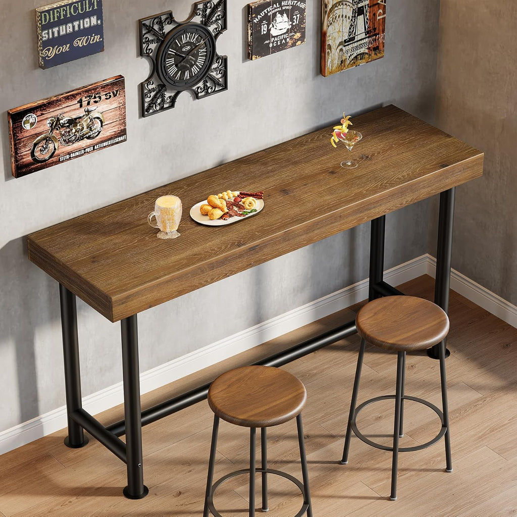 63" Solid Wood Bar Table, Long Counter Height Pub Top Table, Narrow Dining Breakfast Bar Units with Metal Sturdy Legs for Home Kitchen, Living Room, Bistro, Easy to Assemble