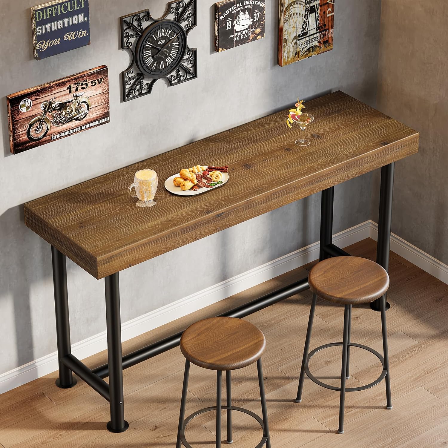 63" Solid Wood Bar Table, Long Counter Height Pub Top Table, Narrow Dining Breakfast Bar Units with Metal Sturdy Legs for Home Kitchen, Living Room, Bistro, Easy to Assemble