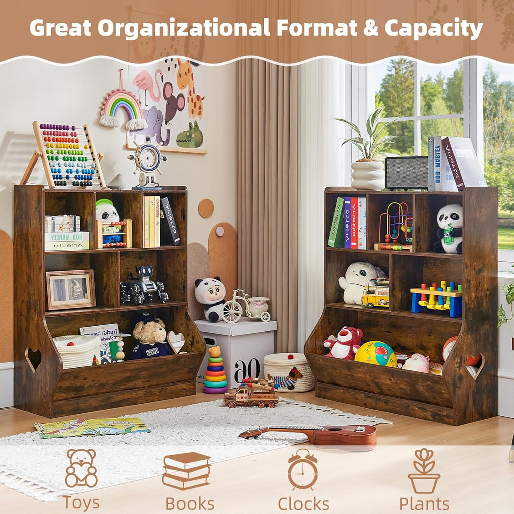 Lerliuo Kids Toy Storage Organizer, 3 Tier Children Small Bookcase and Bookshelf, Toddler 7 Cubby Toy Storage Cabinet, Toy Shelf for Playroom, Bedroom, Living Room, Nursery, School 29.53'' H (Brown)