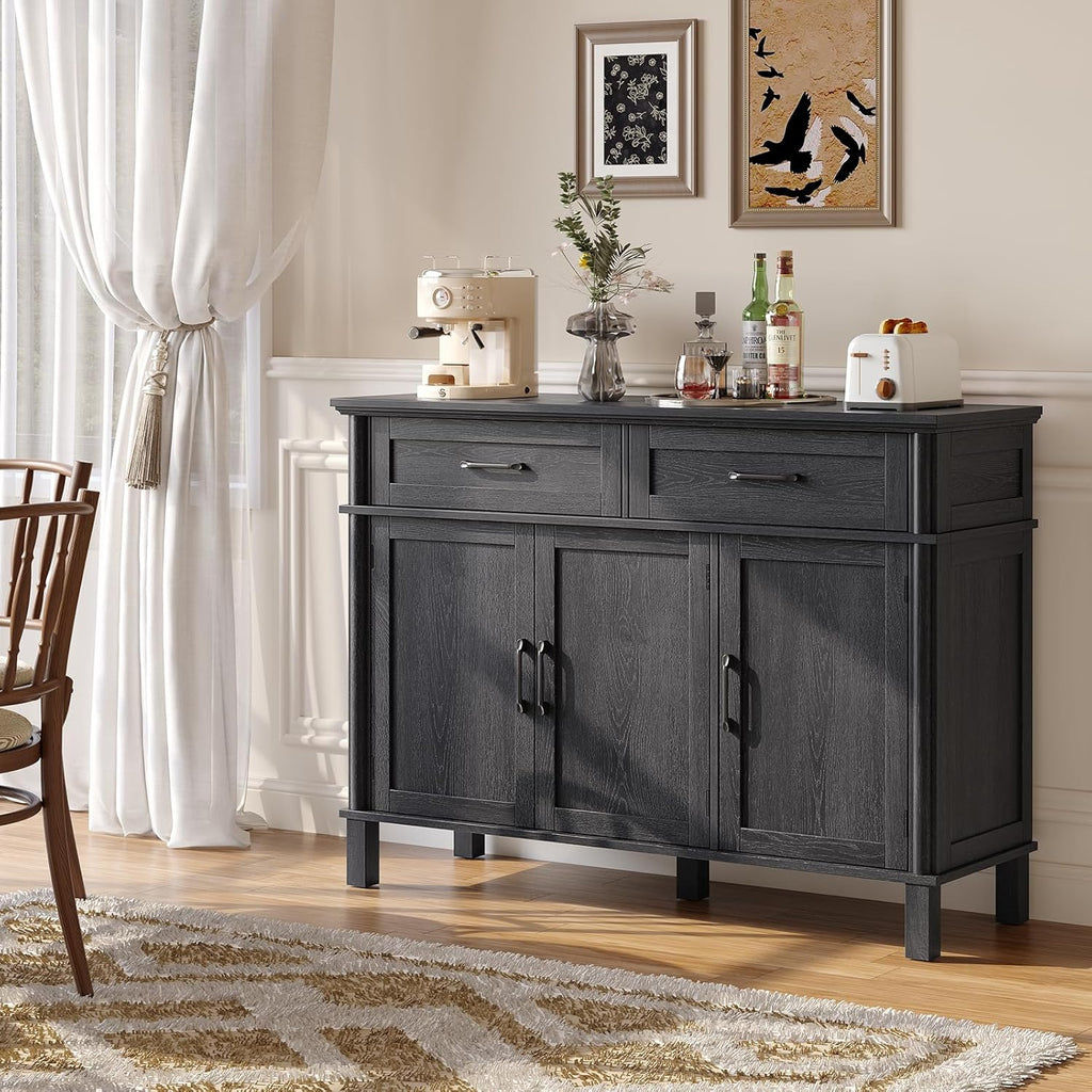 48 Inch Sideboard Buffet Cabinet with Storage, Farmhouse Coffee Bar Cabinet with 2 Drawers, Adjustable Shelves, Wood Sideboard Credenza for Kitchen, Living Room, Entryway, Black